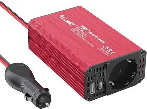 ALLWEI Convertisseur 12V 220V 300W pour Voiture, Onduleur avec Port Type-C, Port USB - pour Voiture, Caravane, Camping, Recharge de téléphones Portables, Ipad (Rouge)