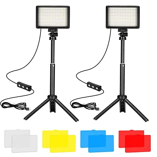 Lampes Vidéo LED 2-Pack, Panneau LED Video USB à Variable 5600K avec Mini Trépied et Filtres Colorés pour Studios Photo, Prise de Vue sous Angle Bas, Enregistrement Vidéo, Streaming de Jeux