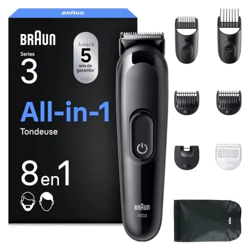 Braun Tondeuse Electrique Homme, Tout-en-Un Series 3 AIO3545 8-en-1, Noire – Etanche, Batterie Rechargeable, Coffret avec 14 Longueurs, 6 Sabots, Emballage en Carton