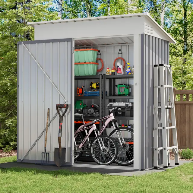 UDPATIO Abri de Jardin Métal 164x101x181 cm - Cabane Extérieur avec Toit Incliné et Serrure, Rangement Outils de Jardin/Vélo, Gris Clair