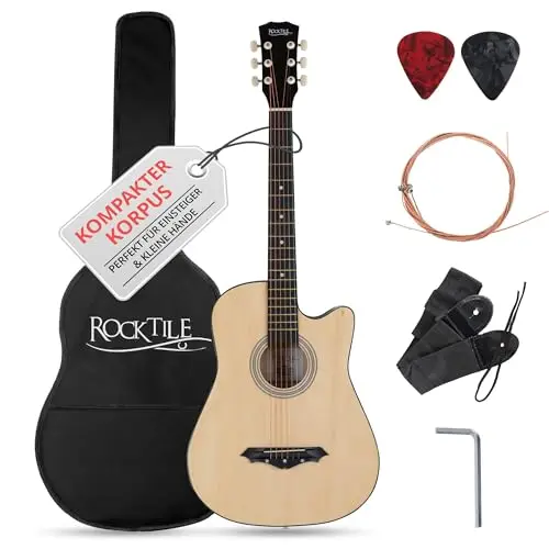 Rocktile WSD-5C-NT Slim Line Set de Guitares Western - Guitare Acoustique Dreadnought - Corps en Tilleul - Manche : Catalpa - Set incluant housse, cordes de rechange, sangle et médiators - Naturel