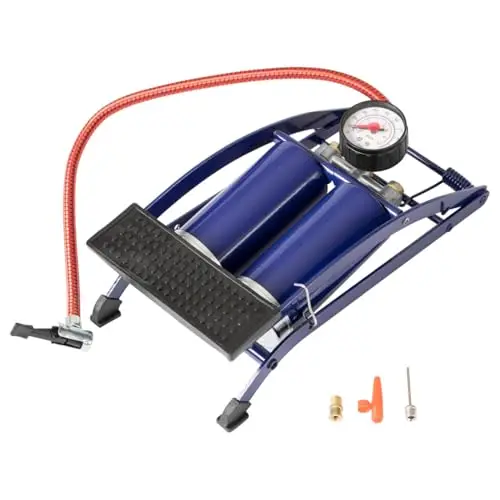 Sport-Tec Fußluftpumpe mit Doppelzylinder inkl. Manometer bis 7 bar, Auto Reifen Fahrradpumpe Camping Luftmatratze Standpumpe inkl. Adapterset