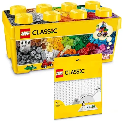 Boîte de briques Lego de taille moyenne + plaque blanche, Kit de démarrage pour enfants à partir de 4 ans