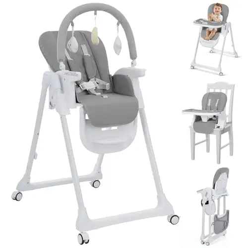 Chaise Haute Bébé Pliable avec Arche de Jeux, Réglable en Hauteur, Siège PU, Roues et Double Plateau, Convertible en Rehausseur