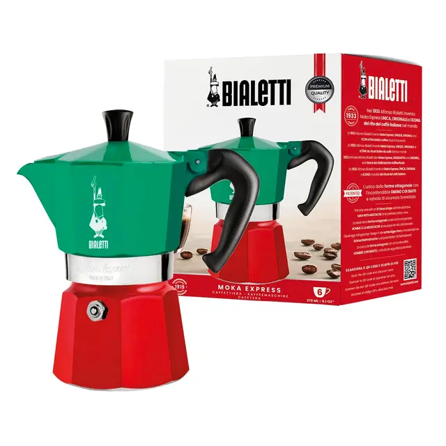 Bialetti - Collection Moka Express Italia: La Cafetière Expresso Iconique, Qui Fait Du Véritable Café Italien, Cafetière Moka 6 Tasses (270 Ml), Aluminium, Coloré En Rouge, Vert Et Argent