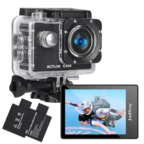 Camera Sport 1080P FHD,Etanche 30M Caméra d'action Grand Angle, avec Deux Piles Rechargeables 900 mAh Caméra Sport et kit d'accessoires (FHD 1080P)