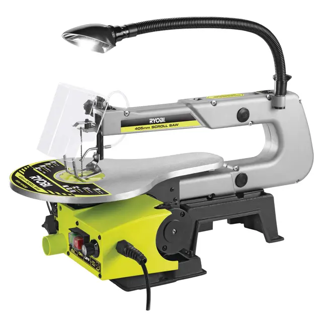 RYOBI - Scie Radiale Stationnaire RSW1240G – 70W, Lampe flexible, Coupe Précise, Butée Réglable pour Travaux bois, marqueterie et ornements