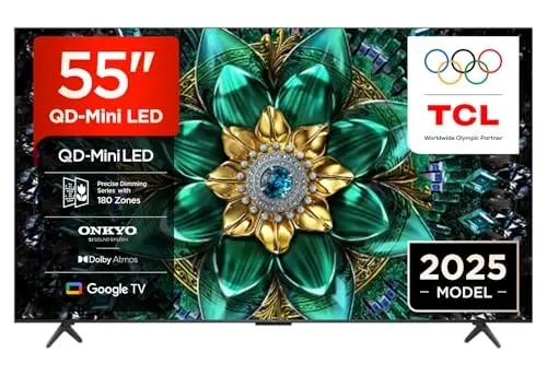 TCL 55Q6C QD-Mini LED TV, 4K HDR Premium 1000nits, Smart TV alimenté par Google (Dolby Vision IQ et Atmos, système Audio Onkyo 2.1, Motion Clarity Pro 144Hz, Game Master, contrôle Vocal Mains Libres)
