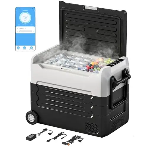 Outsunny Glacière Électrique Voiture 50L - Réfrigérateur Portable à Compression -20 à 20 ℃ Charge 300kg - Frigo de Voiture Double Zone, Refroidissement Rapide, App - 12V 24V 220V Van Camping-car, Noir