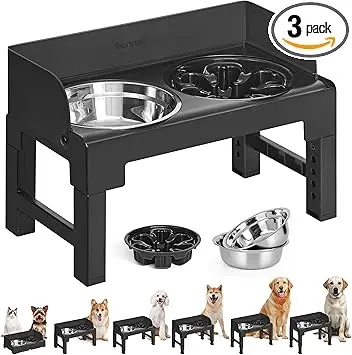 Feandrea Gamelle pour Chien Surélevée, avec Support, Ajustable en Hauteur et Inclinable, Support Gamelle, 2 Bols en Acier Inoxydable 304, 1 Bol Anti-Glouton, Noir d'encre PRB103B01