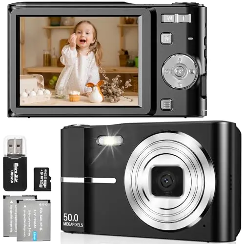 Appareil Photo Numérique 50MP 1080P FHD Compact Caméra avec Mise au Point Automatique Digital Camera avec Zoom Numérique 16X Carte SD de 32 Go pour Étudiant Adulte Débutant Cadeau