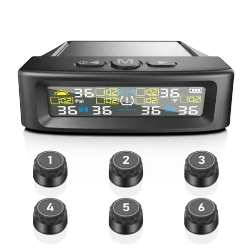 KAOLALI Système de surveillance de pression des pneus compatible avec 6 roues, moniteur de pression des pneus avec affichage numérique, 9,9 bar/144 PSI max, chargement solaire et USB, pour camions