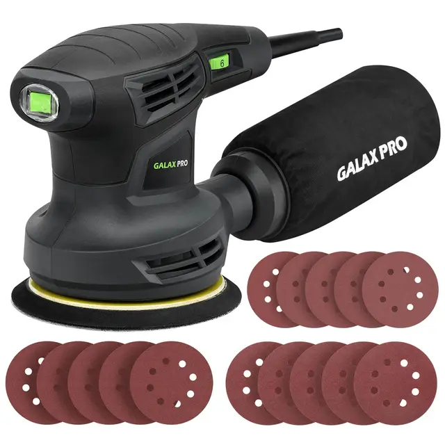 GALAX PRO Ponceuse excentrique filaire 280W, 6 Vitesses, 13000RPM, avec dépoussiéreur et 15 types de papier de verre, Ponceuse orbitale aléatoire, idéale pour les travaux de bricolage
