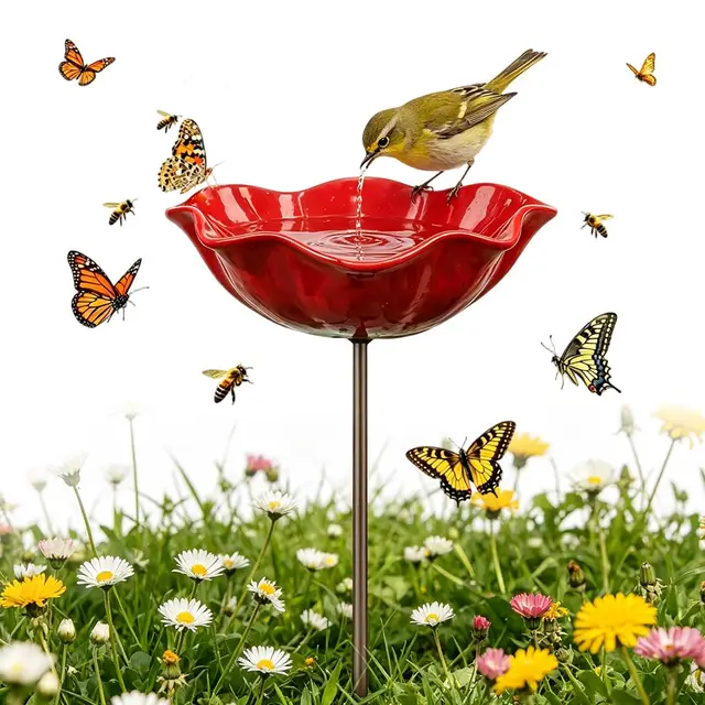 Abreuvoir Mangeoire Oiseaux Exterieur,2026 Neu Bain Oiseaux Exterieur,Mangeoire Oiseaux Décoration pour Jardin,Bains Hauteur,Métallique en Fonte (Rouge)