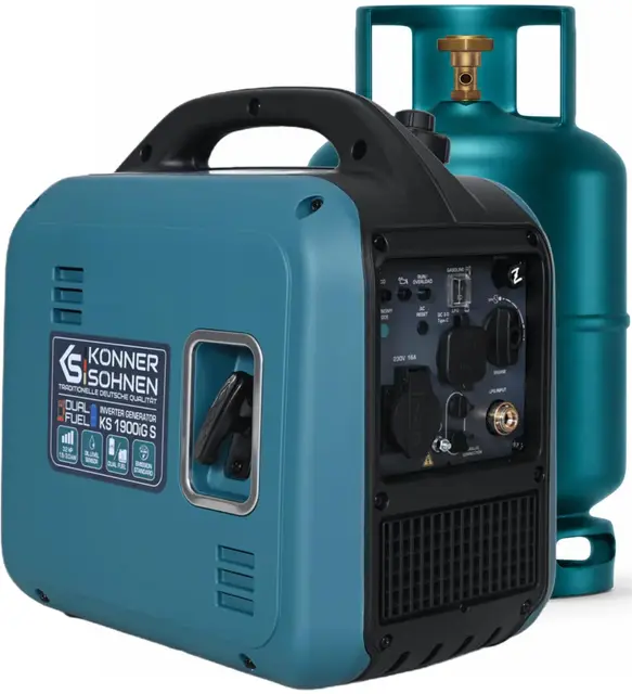 Könner & Söhnen KS 1900iG S Générateur à inverseur GPL 2,0 kW, double carburant, générateur à inverseur en mode éco, groupe électrogène de secours pour une utilisation en extérieur, 230 V/16 A, Euro 5