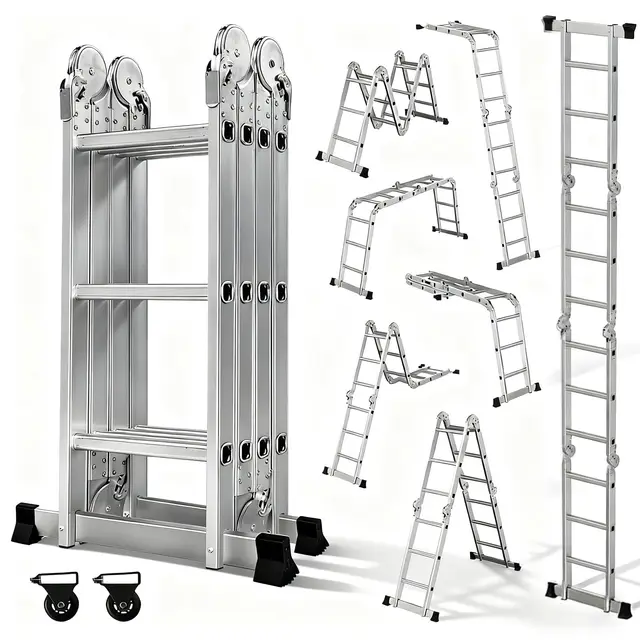 OUTIGO Échelle Multifonction Pliante, 4 x 3 en Aluminium échelle 7 en 1, jusqu'à 150 kg,Échelle Téléscopique, Échelle Pliante, Escabeau Pliant, Bricolage Peinture Toiture