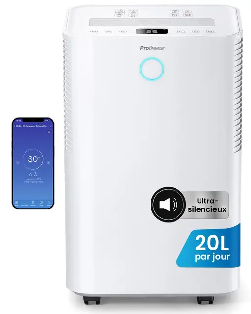 Pro Breeze OmniDry Déshumidificateur compresseur Intelligent 20L/Jour avec réservoir d'eau 4L, séchage du Linge & capteur d'humidité Auto - Absorbeur d’humidité, Contre moisissures & Condensation