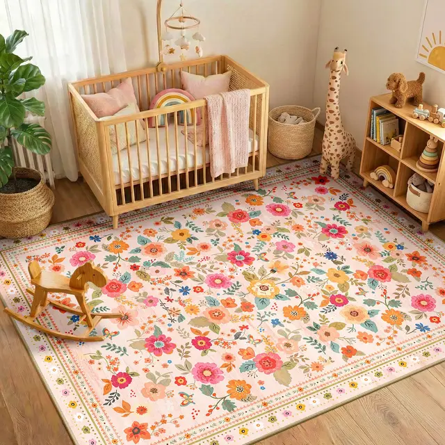 INOVADAY Tapis Lavable 90x150 cm, Style Bohème, Poils Courts, Antidérapant, Imprimé Floral, pour Salon, Chambre à Coucher, Salle à Manger, Bureau,t, Rose/Beige