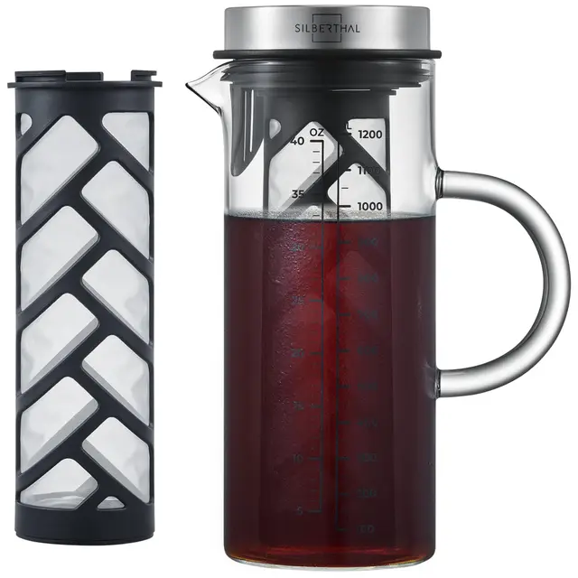 SILBERTHAL Cafetière Manuelle avec Infuseur 1,2 litres - pour Café froid ou Cold Brew Coffee - Avec le nouveau filtre plus robuste 2.0 - Eau Infusée, Cafe Infusé A Froid et Thé Glacés