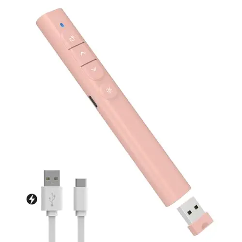 Telecommande Ordinateur Powerpoint Rechargeable, Télécommande Powerpoint Pointeur sans Fil, 2.4GHz Hyperlien et Contrôle du Volume pour PC Mac Portable (Rose)