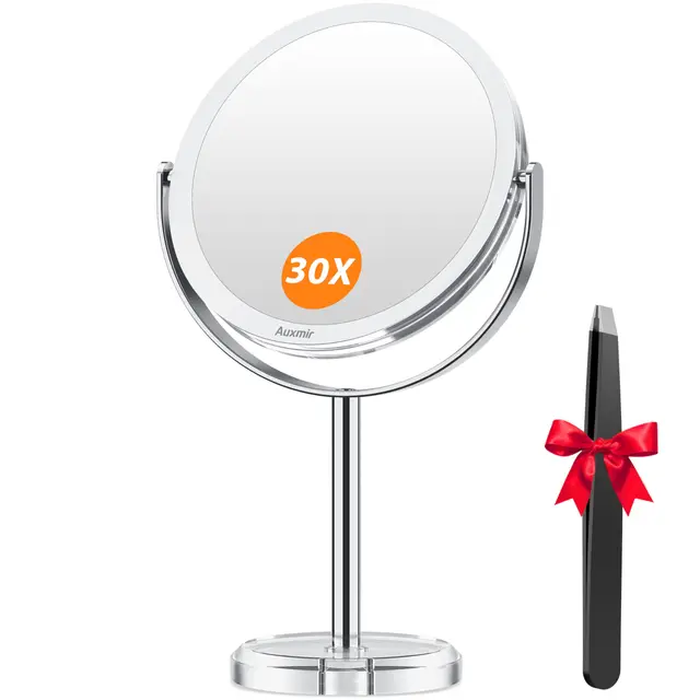 Auxmir Miroir Maquillage Grossissant 1X et 30X Double Face, Miroir de Table avec Support Rotation à 360°, Pivote à Deux Côtés pour Chambre et Salle de Bain, Diamètre 17cm