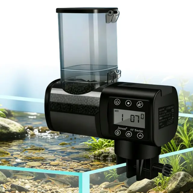 BORDEAG Distributeur automatique de nourriture pour poissons, 160 x 70 x 102 mm, minuterie, grande capacité, pour bassin à poissons et étang, noir