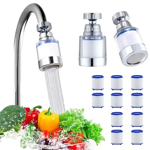 Filtre eau Robinet Anti Calcaire Rotatif à 360° + 10 Éléments Filtrants en Coton PP pour Cuisine, Salle De Bain, L'Évier