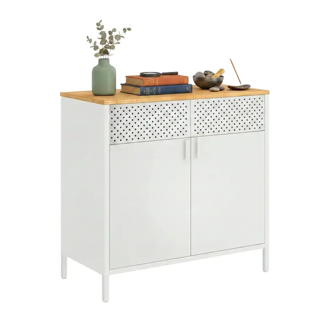 Relaxdays Armoire métal, 2 Portes, Tablette réglable, Bureau, Blanc/Naturel, 77 x 80 x 40 cm