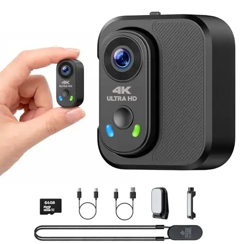 Caméra Sport 4K 30fps & Mini Caméras Moto - EIS Stabilisation, Fixation Magnétique, Carte 64Go Incluse, 150° Grand Angle - Vlog Caméra Pouce avec Boîtier de Charge 1800mAh pour TikTok/Voyage/POV