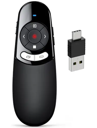 2 In 1 Type C&A Pointeur Laser, Télécommande PowerPoint Sans Fil 2.4 GHz avec Pointeur Laser Puissant, Zapette Présentation Rouge Compatibilité Windows/macOS/Linux/Android