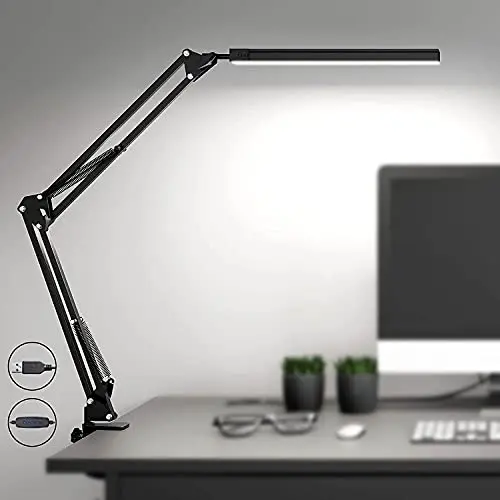 SKYLEO Lampe LED de bureau et de lecture avec USB, bras oscillant et pince, à intensité variable et 3 modes de couleur pour la protection des yeux