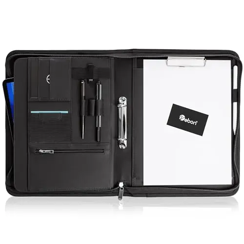 Vebon® Classeur à anneaux A4 "Paris" I Conférencier avec fermeture Éclair + pince I Porte documents A4 + pochette ordinateur portable I organiseur professionnel avec rangement I Simili cuir I Noir