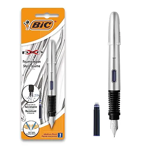 BIC Xpen - Stylo-Plume Rechargeable fourni avec une Cartouche d’Encre Bleue - Corps Chromé, Blister de 1