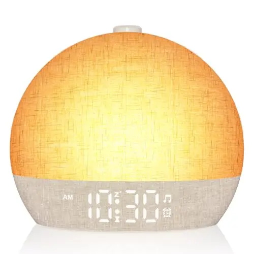Réveil Lumineux Simulateur d'Aube, Reveil Matin avec 7 Sonneries, Lampe de Chevet 20 Niveaux de Luminosité, 30 Sons Naturels, Snooze, Minuteur, 12 Couleurs Réveil Lumière Veilleuse pour Enfant/Adulte