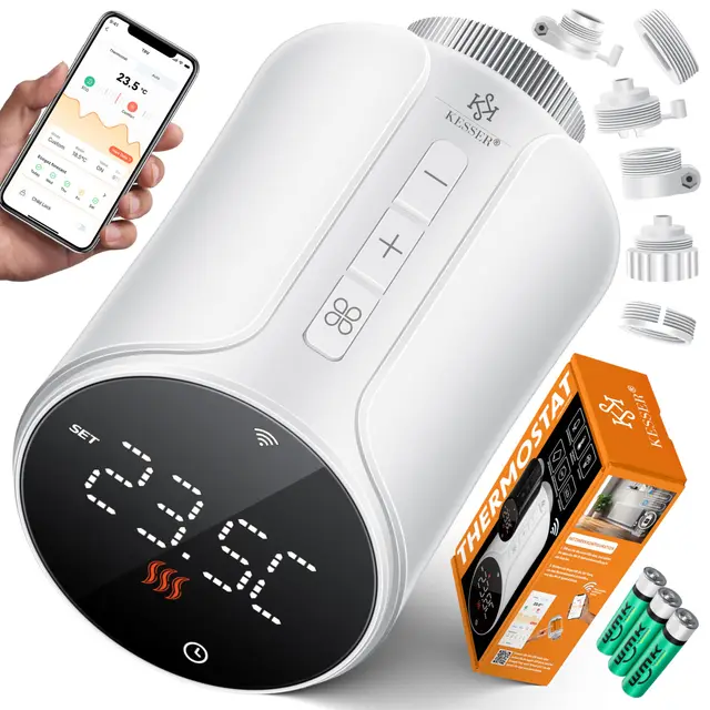 KESSER® Thermostat de Radiateur - 1 Set | Thermostat de Chauffage WLAN avec Commande App Smart Home | Alexa, Google Assistant avec 6 Vannes de Radiateur - Rond/Blanc