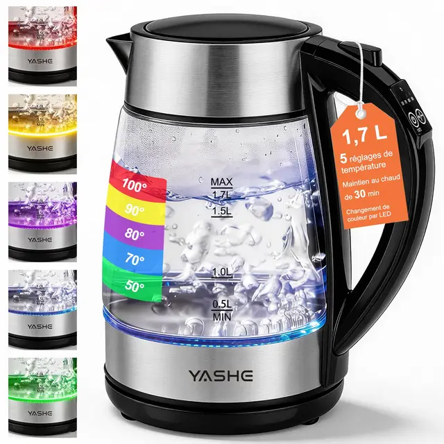 YASHE Bouilloire Électrique Temperature Reglable en Verre 1,7L, 2200W Ébullition Rapide, 5 Couleurs LED Indicateur, 30 Min Maintien au Chaud, Filtre Anticalcaire