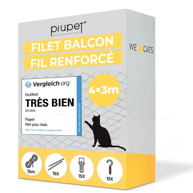 PiuPet® Filet pour Chat I 4x3m I Filet renforcé I avec Corde de Fixation I Protection Balcon Chat | Protection Chat Balcon | Grillage Fenetre Chat