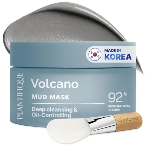 PLANTIFIQUE Masque Coréen à l'Argile Volcanique et Mer Morte – Masque Visage avec Charbon, Acide Hyaluronique, Huile de Jojoba et Beurre de Karité – Purifie, Affine les Pores, Hydrate et Apaise, 110g
