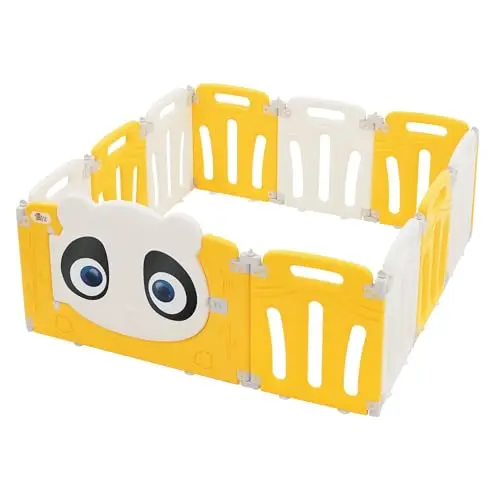 Joyz Parc Bébé Modulable, 120×120 cm, Design Panda, Blanc-Jaune, Pliable, Barrière de Sécurité avec Porte et Horloge Éducative, en Plastique, Antidérapant, Aire de Jeux Enfants, Intérieur/Extérieur