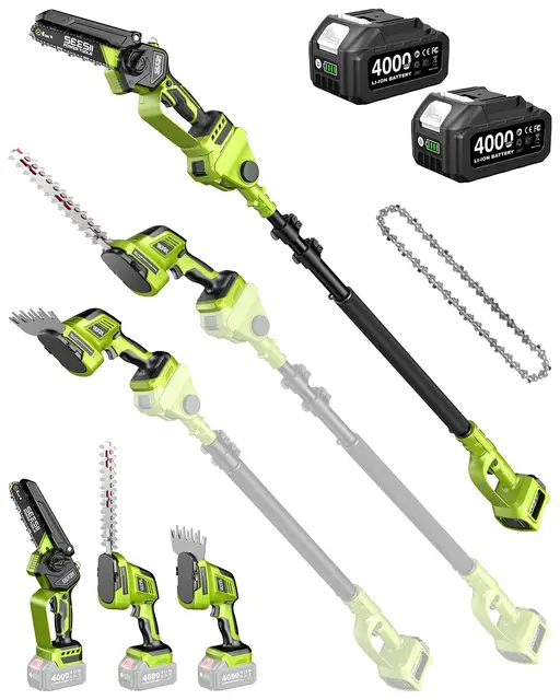 Supstable Kit de Jardin 6-en-1 Sans Fil : Mini Tronçonneuse & Taille-haie, Élagueuse télescopique avec 2×4000mAh batteries, portée jusqu’à 4,57 m – Idéal pour l’entretien des arbres & le bois
