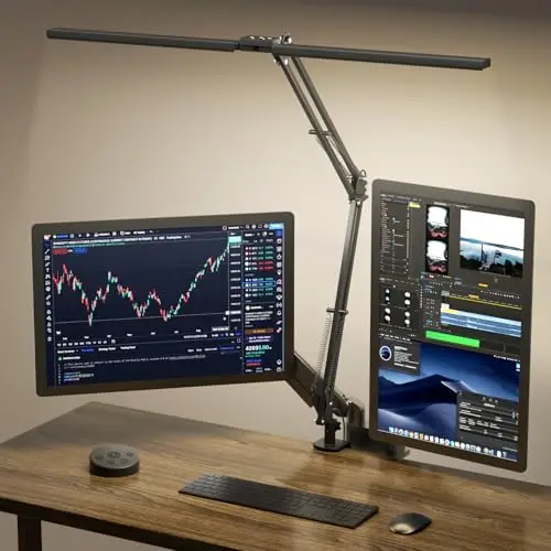 SKYLEO Lampe de Bureau LED, Double Tête et Télécommandée,2400 LM,24W, 5 Modes de Température, Réglage Horaire & Mémorisation, Facile à Installer - Pour Bureau, Lecture -Noir
