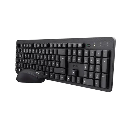 Trust Ymo II Ensemble Clavier Souris Silencieux sans Fil QWERTZ Allemand, Touches Plates, Protection Contre Les éclaboussures, Souris sans Fil ambidextre 800-1600 DPI, Un récepteur USB, pour PC,