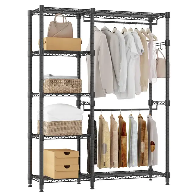 Portant à Vêtements Ouvert avec 5 Étagères, Porte-Manteaux à Double Tringle,1 Crochet,Hauteur Réglable,Structure en Métal Robuste Penderie Industrielle pour Chambre, Salon, Couloir 114*44*195cm Noir