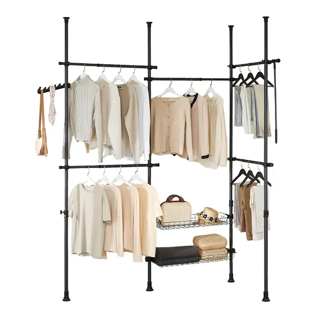 SoBuy Portant à vêtements télescopique solide - Penderie ouverte réglable avec tringles et étagères, Porte manteau pour chambre/dressing, Noir KLS04-II-SCH