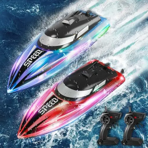 JONRRYIN Bateau Télécommandé 2 Pièces, Bateau Telecommandé Enfant pour Piscines et Lacs, 2,4 GHz RC Bateaux de Course avec Lumières LED et Alarme de Batterie Faible pour Enfants et Adultes