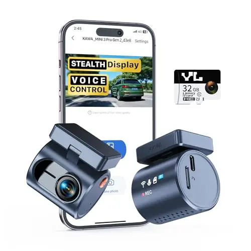 KAWA Compacte Dashcam - Écran Transparent avec Contrôle Vocal, Supercondensateur, 2K1296P Dashcam Voiture, Vision Nocturne, 135° FOV, G-Sensor, Carte SD 32GB Incluse, Contrôle par App