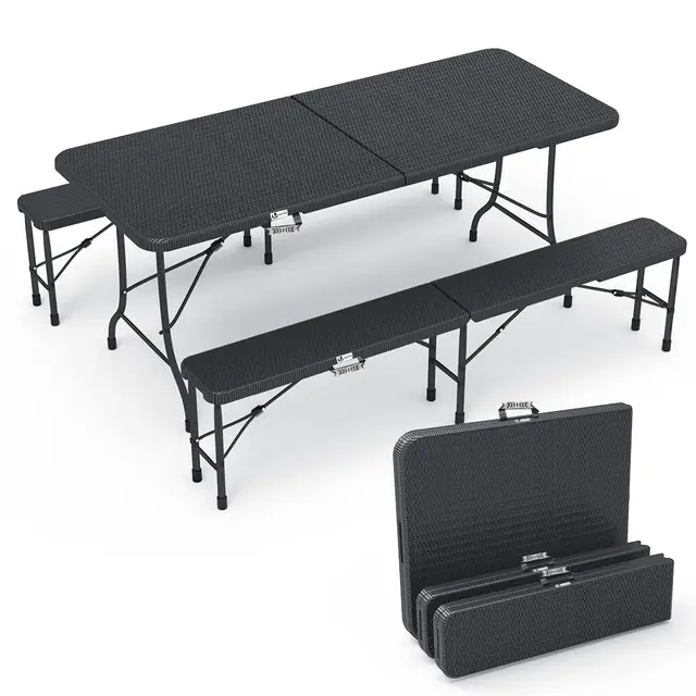 vounot® Ensemble Table Pliante et Bancs Pliables Camping 180cm HDPE Style Polyrotin 8 Places Fonction Portable Convient pour la Terrasse, Le Camping, Le Jardin, Table de Pique-Nique Noir
