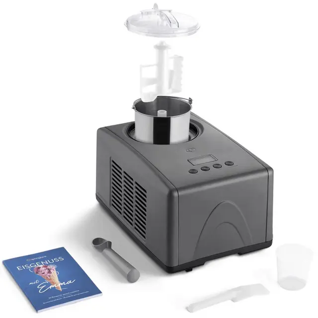 SPRINGLANE Sorbetière Emma 1,5 L avec compresseur auto-refroidissant 150 W, en acier inoxydable avec bac à glaçons amovible, avec livret de recettes (Anthracite)