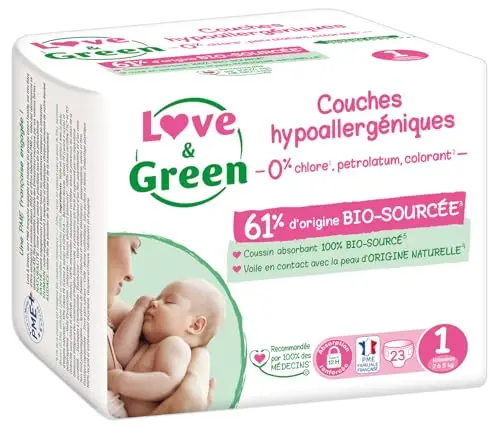 Love & Green - Couches Bébé Saines et Ecologiques - Taille 1 (2-5 kg) - 23 couches - Absorbante, anti-fuites et sans ingrédients indésirables