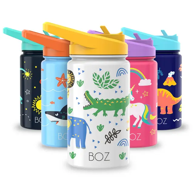 BOZ Gourde Isotherme Enfant avec Paille 414ML, Bouteille d'Eau Anti-fuite pour Boisson Chaude ou Froide | Gourde Inox à Double Paroi Isolante et Motif Anti-rayures Avec Poignée, Sans BPA (Safari)